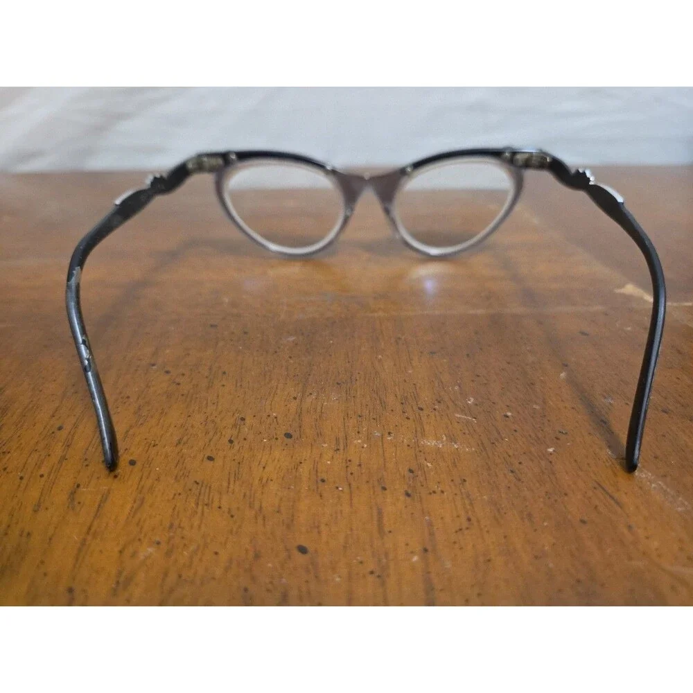 American Optical 1960s Aluminum Frame Cat Eye Glasses Brown Tan Rhinestone Vntg